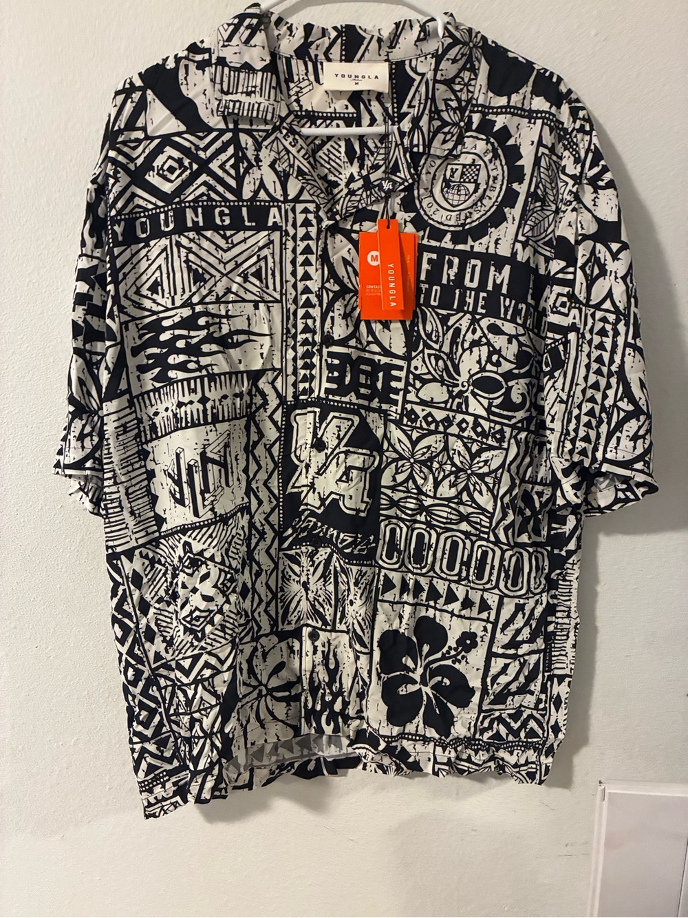 YoungLA Black & White All-Over Graphic Button-Down Shirt